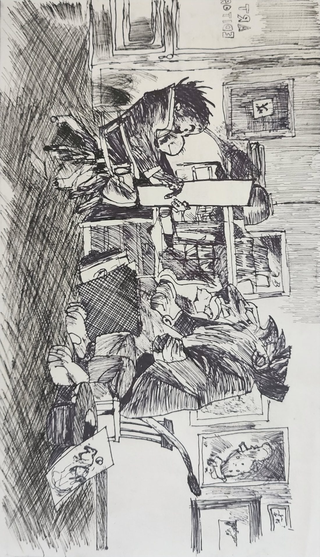 Pen — a crowded interior, drawn one stubborn cross-hatch at a time.